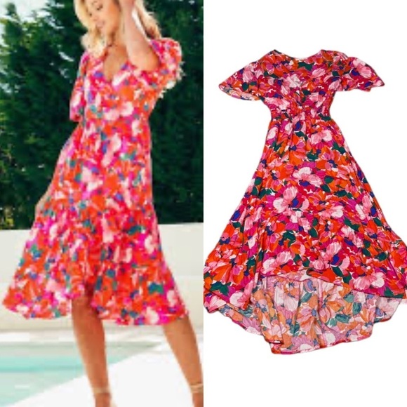 Abel The Label Dress Womens XS Pink Santa Cruz Tropical Island Beach Floral Midi - Picture 1 of 9